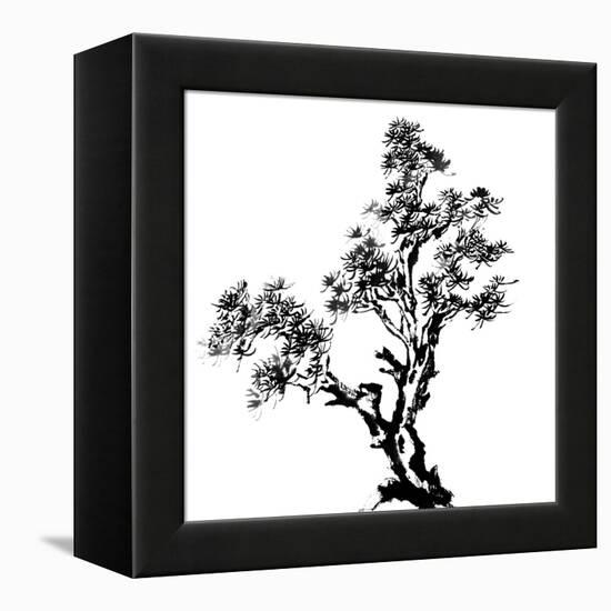 Chinese Traditional Ink Painting, Pine Tree On White Background-elwynn-Framed Stretched Canvas