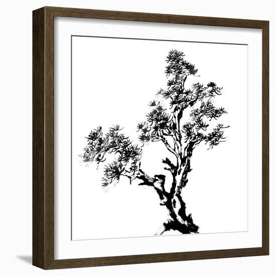 Chinese Traditional Ink Painting, Pine Tree On White Background-elwynn-Framed Premium Giclee Print