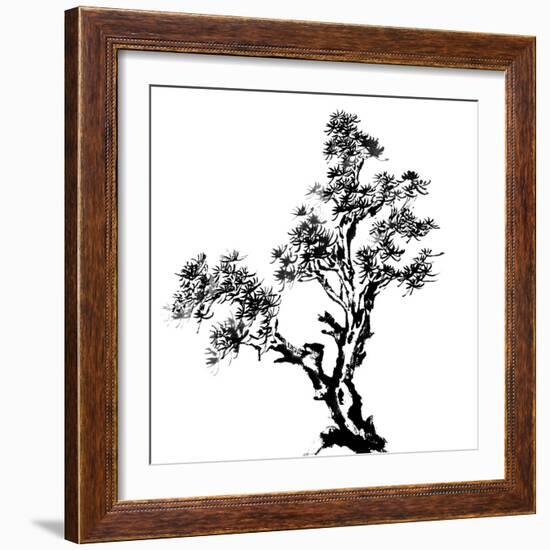 Chinese Traditional Ink Painting, Pine Tree On White Background-elwynn-Framed Premium Giclee Print