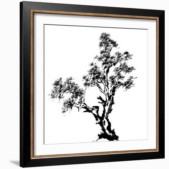 Chinese Traditional Ink Painting, Pine Tree On White Background-elwynn-Framed Premium Giclee Print