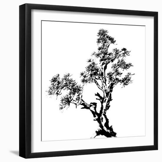 Chinese Traditional Ink Painting, Pine Tree On White Background-elwynn-Framed Premium Giclee Print