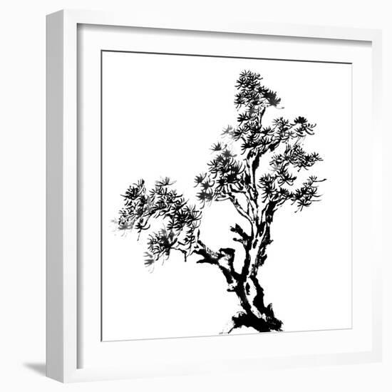 Chinese Traditional Ink Painting, Pine Tree On White Background-elwynn-Framed Premium Giclee Print