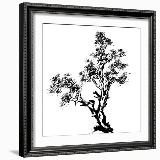 Chinese Traditional Ink Painting, Pine Tree On White Background-elwynn-Framed Premium Giclee Print