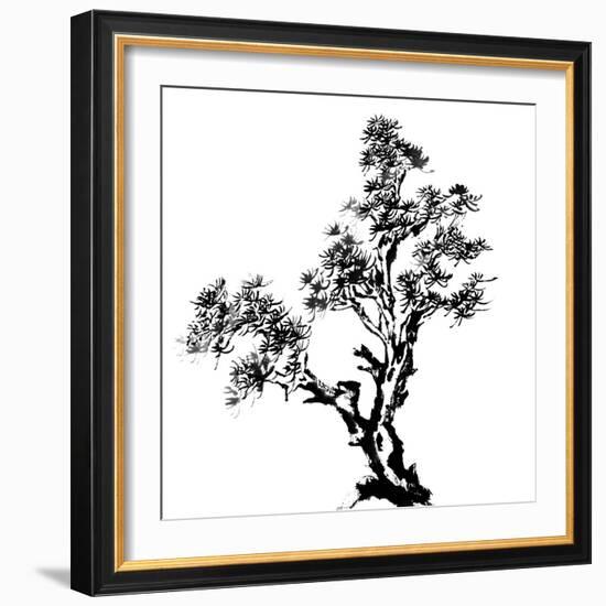 Chinese Traditional Ink Painting, Pine Tree On White Background-elwynn-Framed Premium Giclee Print