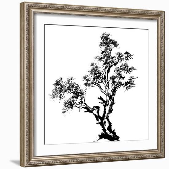 Chinese Traditional Ink Painting, Pine Tree On White Background-elwynn-Framed Art Print