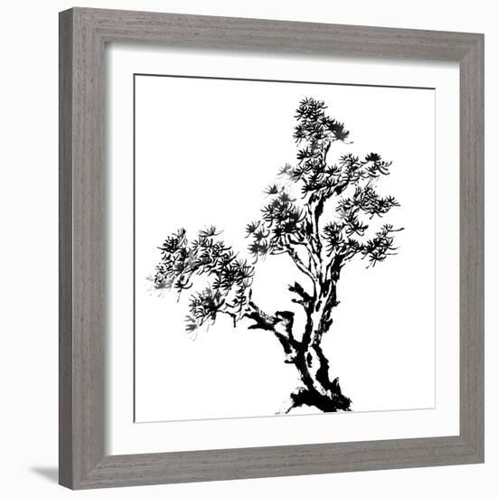 Chinese Traditional Ink Painting, Pine Tree On White Background-elwynn-Framed Art Print