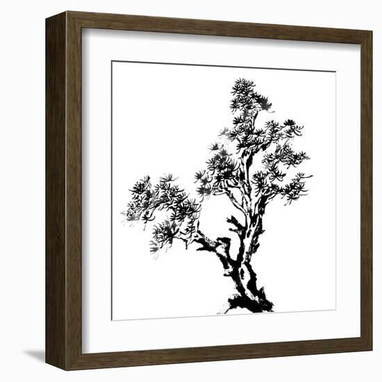 Chinese Traditional Ink Painting, Pine Tree On White Background-elwynn-Framed Art Print