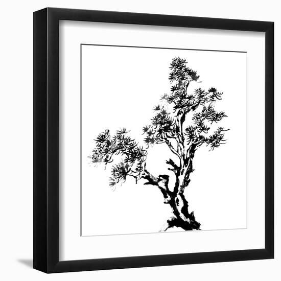 Chinese Traditional Ink Painting, Pine Tree On White Background-elwynn-Framed Art Print