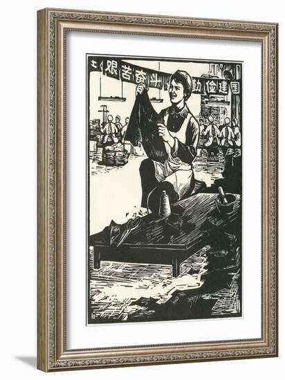 Chinese Worker Cutting Cloth-null-Framed Art Print