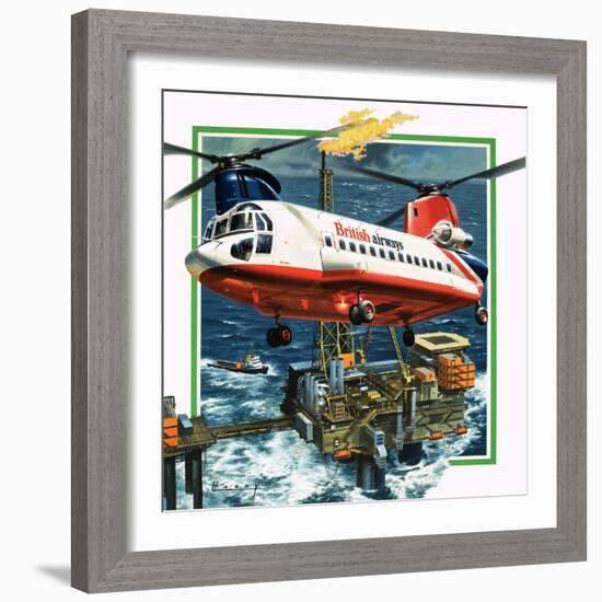 Chinook Helicopter Transporter Arrives at an Oil Rig in the North Sea-Wilf Hardy-Framed Giclee Print