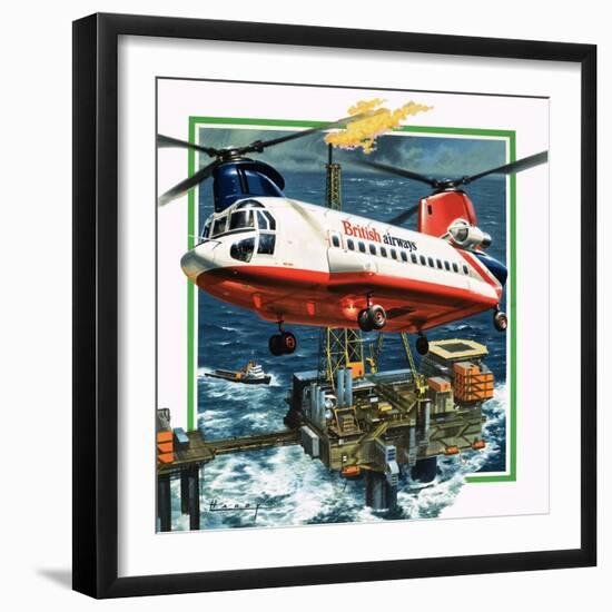 Chinook Helicopter Transporter Arrives at an Oil Rig in the North Sea-Wilf Hardy-Framed Giclee Print