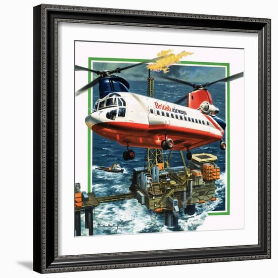 Chinook Helicopter Transporter Arrives at an Oil Rig in the North Sea-Wilf Hardy-Framed Giclee Print