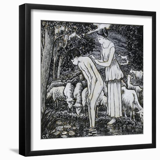 Chloë Washing Daphnis at a Stream-Camille Pissarro-Framed Giclee Print