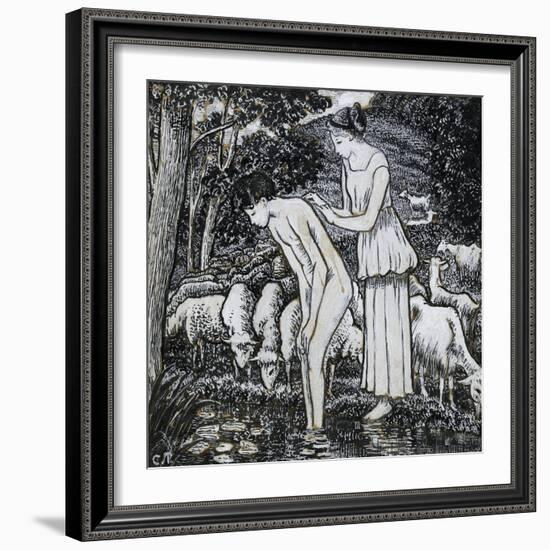 Chloë Washing Daphnis at a Stream-Camille Pissarro-Framed Giclee Print