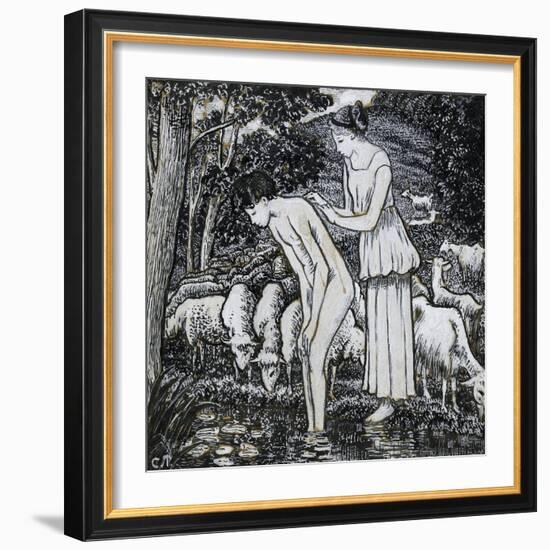 Chloë Washing Daphnis at a Stream-Camille Pissarro-Framed Giclee Print