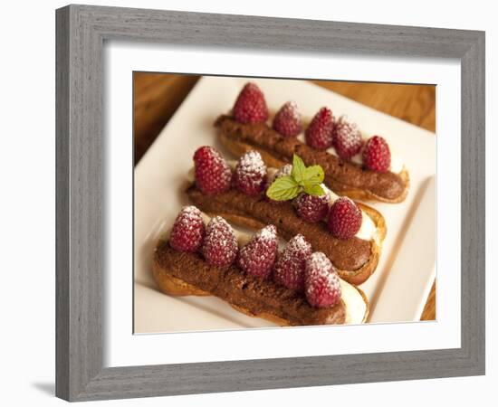 Chocolate Eclairs Topped with Raspberries, French Cafe, France, Europe-Frank Fell-Framed Photographic Print