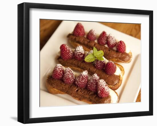 Chocolate Eclairs Topped with Raspberries, French Cafe, France, Europe-Frank Fell-Framed Photographic Print