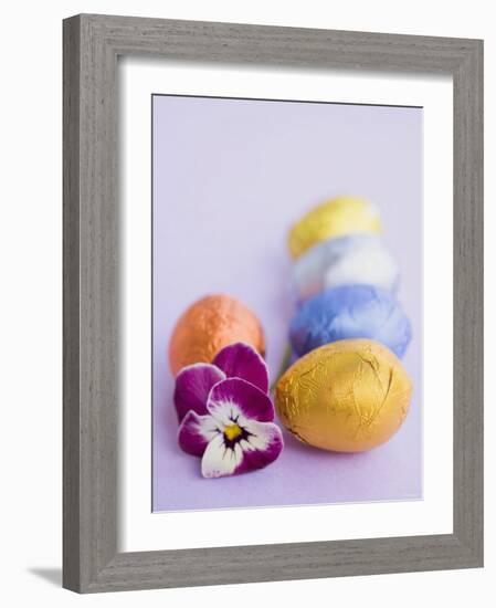 Chocolate Eggs in Foil, with Pansy-null-Framed Photographic Print