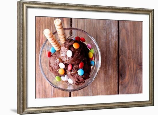 Chocolate Ice Cream with Multicolor Candies and Wafer Rolls in Glass Bowl, on Wooden Background-Yastremska-Framed Photographic Print