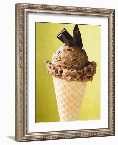 Chocolate Ice Cream with Pieces of Chocolate in Cone-null-Framed Photographic Print