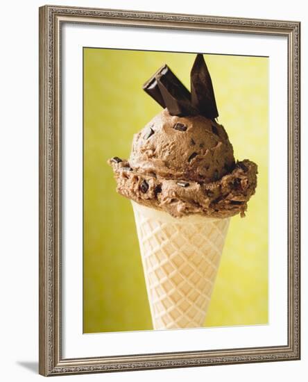 Chocolate Ice Cream with Pieces of Chocolate in Cone-null-Framed Photographic Print