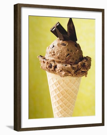 Chocolate Ice Cream with Pieces of Chocolate in Cone-null-Framed Photographic Print