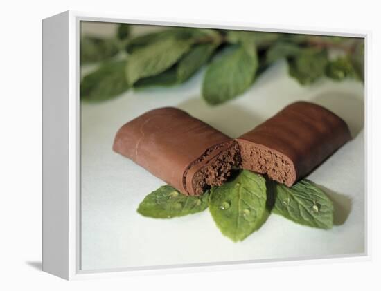 Chocolate Nutrition Bar on Mint Leaves-Chris Rogers-Framed Premier Image Canvas