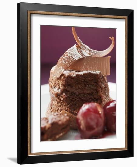 Chocolate Soufflé with Chocolate Curls and Cherries-null-Framed Photographic Print
