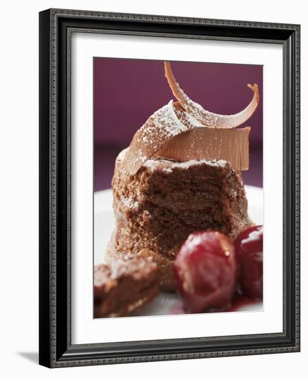 Chocolate Soufflé with Chocolate Curls and Cherries-null-Framed Photographic Print