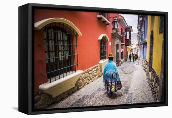 Chollita on Calle Jaen, a Colourful Colonial Cobbled Street in La Paz, La Paz Department, Bolivia-Matthew Williams-Ellis-Framed Premier Image Canvas