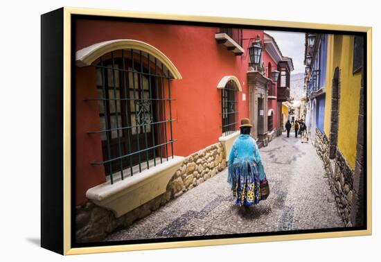 Chollita on Calle Jaen, a Colourful Colonial Cobbled Street in La Paz, La Paz Department, Bolivia-Matthew Williams-Ellis-Framed Premier Image Canvas
