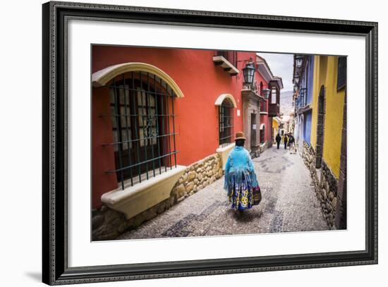 Chollita on Calle Jaen, a Colourful Colonial Cobbled Street in La Paz, La Paz Department, Bolivia-Matthew Williams-Ellis-Framed Photographic Print