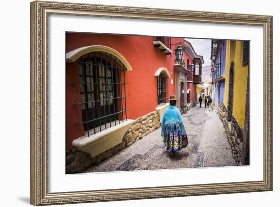 Chollita on Calle Jaen, a Colourful Colonial Cobbled Street in La Paz, La Paz Department, Bolivia-Matthew Williams-Ellis-Framed Photographic Print