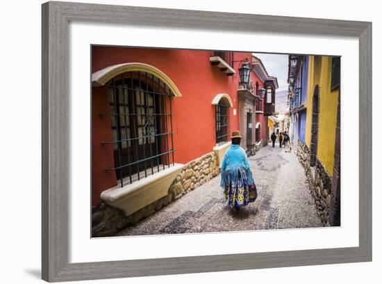 Chollita on Calle Jaen, a Colourful Colonial Cobbled Street in La Paz, La Paz Department, Bolivia-Matthew Williams-Ellis-Framed Photographic Print