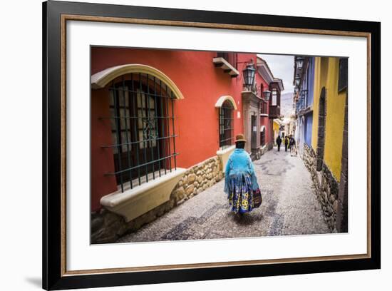 Chollita on Calle Jaen, a Colourful Colonial Cobbled Street in La Paz, La Paz Department, Bolivia-Matthew Williams-Ellis-Framed Photographic Print