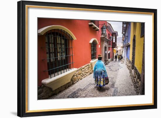 Chollita on Calle Jaen, a Colourful Colonial Cobbled Street in La Paz, La Paz Department, Bolivia-Matthew Williams-Ellis-Framed Photographic Print