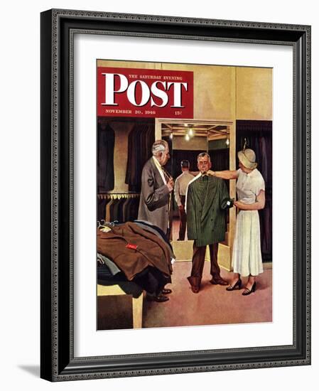 "Choosing a New Suit," Saturday Evening Post Cover, November 20, 1948-John Falter-Framed Giclee Print