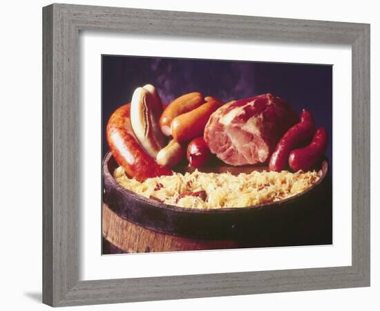 Choucroute Garni Meal of Sauerkraut: Kielbasa, Veal Sausage, Knackwurst, Pork Butt and Bratwurst-John Dominis-Framed Photographic Print