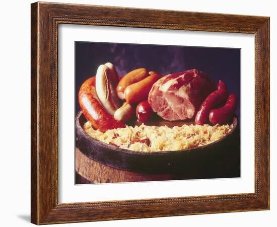 Choucroute Garni Meal of Sauerkraut: Kielbasa, Veal Sausage, Knackwurst, Pork Butt and Bratwurst-John Dominis-Framed Photographic Print