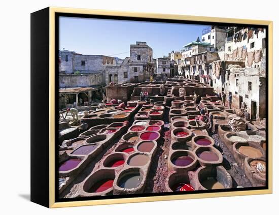 Chouwara Traditional Leather Tannery, Vats for Leather Hides and Skins, Fez, Morocco-Gavin Hellier-Framed Premier Image Canvas