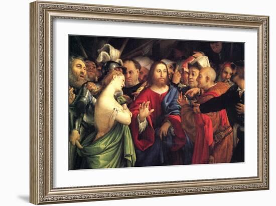 Christ and the Adulteress by Lotto-Lorenzo Lotto-Framed Art Print