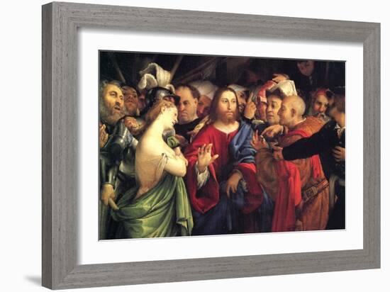 Christ and the Adulteress by Lotto-Lorenzo Lotto-Framed Art Print