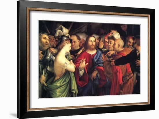 Christ and the Adulteress by Lotto-Lorenzo Lotto-Framed Art Print