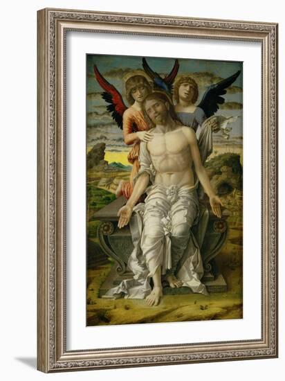 Christ as the Suffering Redeemer, seated on a sarcophagus, supported by two angels. 1490-Andrea Mantegna-Framed Giclee Print