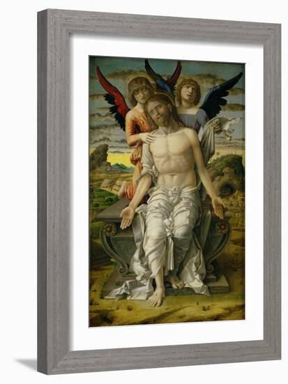 Christ as the Suffering Redeemer, seated on a sarcophagus, supported by two angels. 1490-Andrea Mantegna-Framed Giclee Print