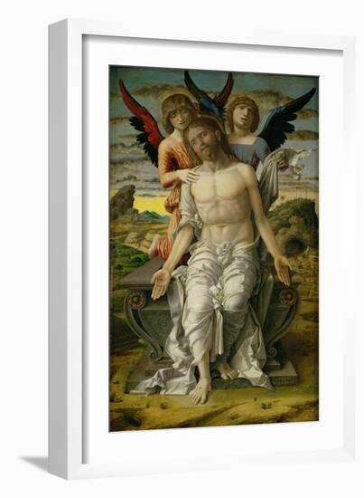 Christ as the Suffering Redeemer, seated on a sarcophagus, supported by two angels. 1490-Andrea Mantegna-Framed Giclee Print