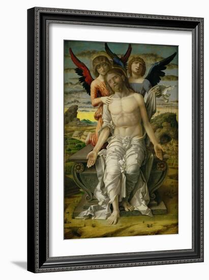 Christ as the Suffering Redeemer, seated on a sarcophagus, supported by two angels. 1490-Andrea Mantegna-Framed Giclee Print