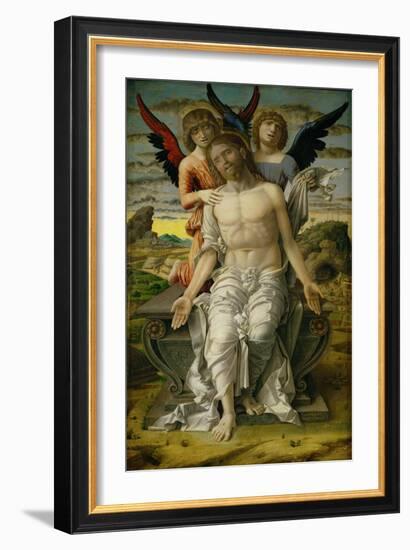 Christ as the Suffering Redeemer, seated on a sarcophagus, supported by two angels. 1490-Andrea Mantegna-Framed Giclee Print