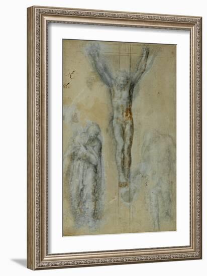 Christ on the Cross Between the Virgin Mary and Saint John (?)-Michelangelo Buonarroti-Framed Giclee Print