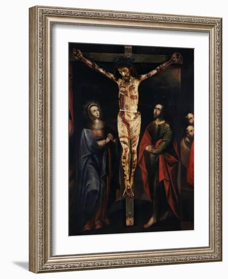 Christ on the Cross with Virgin Mary and Saint John painted, 17th century Cuzco school, Peru-null-Framed Photographic Print